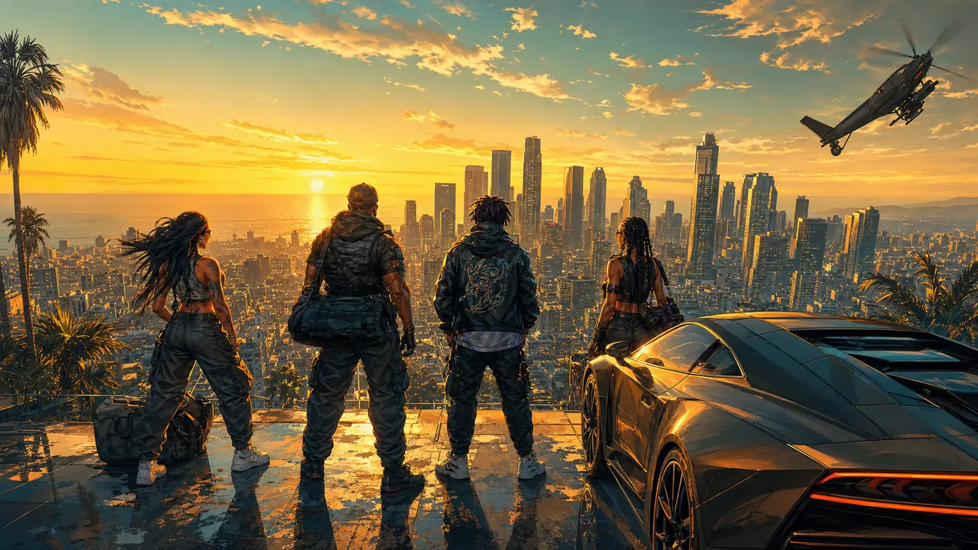 GTA box-art-style illustration: a crew of criminals on a Los Santos skyscraper rooftop at sunset, a parked supercar and a helicopter in the distance, overlooking a golden skyline facing the ocean