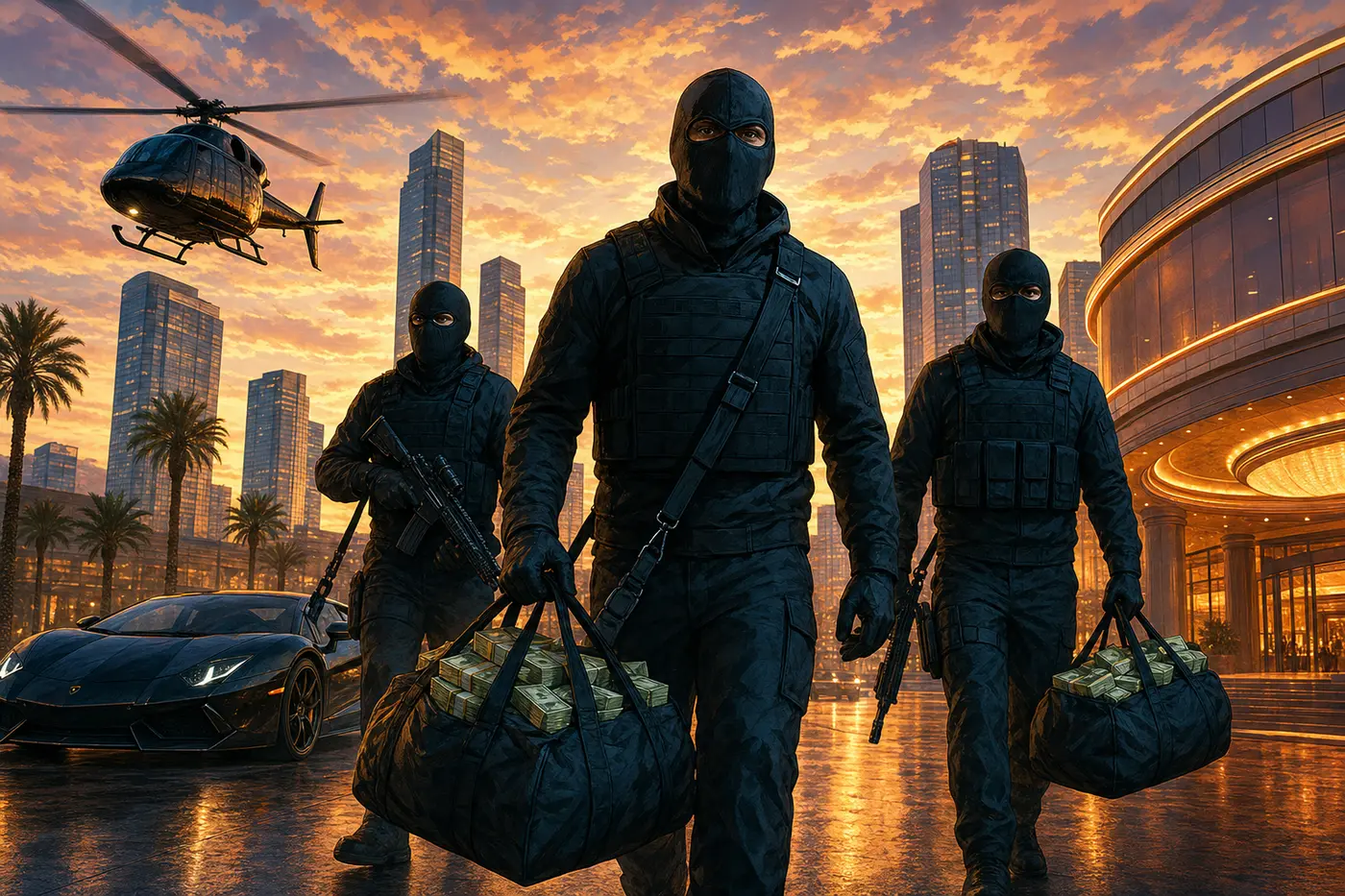GTA cover-art style illustration: a trio of masked robbers in tactical gear walk away with bags of cash in front of the Los Santos skyline at sunset, a supercar and a helicopter in the background