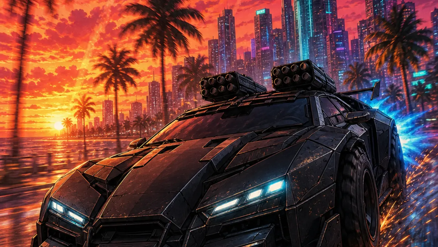 GTA cover-art style illustration: a black armored supercar with roof-mounted rocket launchers, a jet boost and missile trails streaking across the sky, tearing along a Los Santos waterfront at sunset, neon skyscrapers in the background