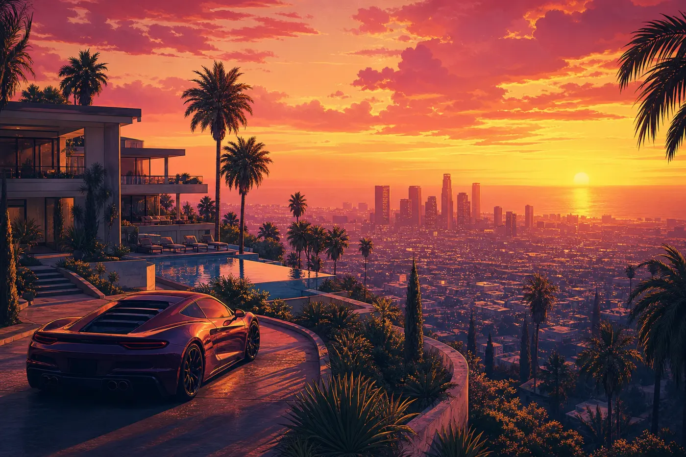 GTA box-art-style illustration: a modern mansion perched in the Vinewood Hills with an infinity pool and palm trees, a red supercar parked in the driveway, and the Los Santos skyline and ocean below at orange sunset