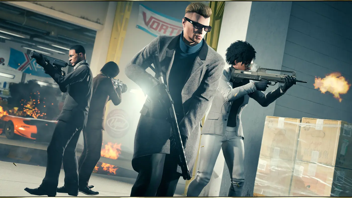 Four characters in gray suits, guns drawn, defending a shipment of boxes in a warehouse, a sports car in flames behind them