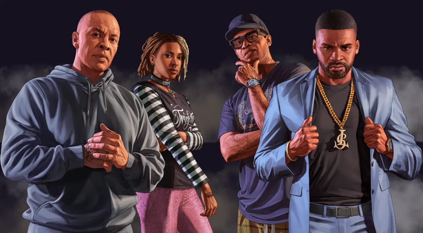 Official GTA Online: The Contract artwork showing Dr. Dre in a hoodie, hacking expert Imani, DJ Pooh in a cap and glasses, and Franklin Clinton in a blue jacket and gold chain