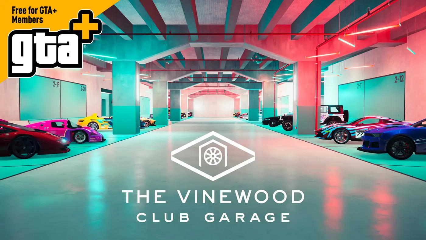 GTA Online screenshot: the interior of the Vinewood Club garage, an underground lot in turquoise and red neon lined with sports cars across several numbered rows