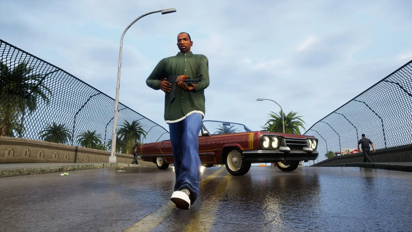 Carl CJ Johnson walks gun in hand past a red lowrider with chrome rims, on a rain-slicked Los Santos bridge under a gray sky