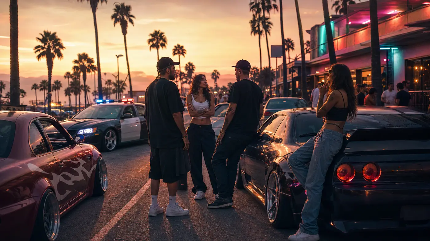 A Los Santos-inspired city street at sunset, players roleplaying around modded cars, neon-lit GTA atmosphere, illustration