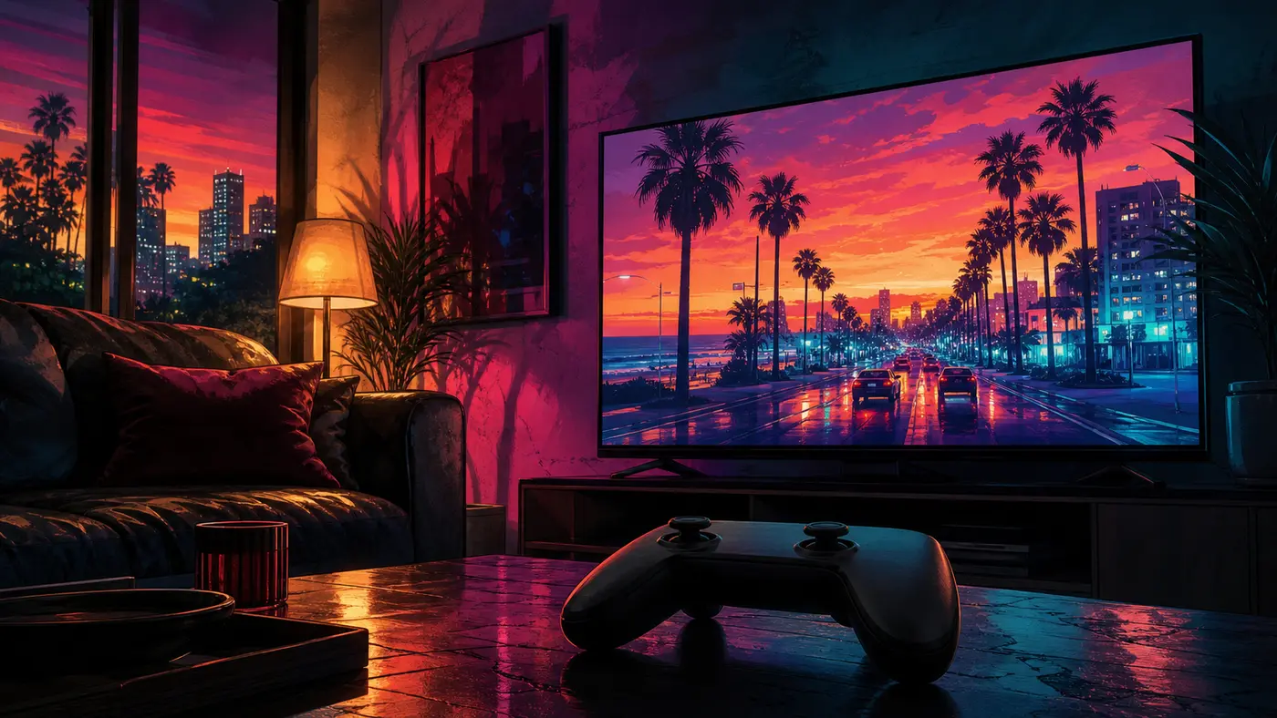 A console controller sitting in front of a TV showing a Los Santos street at dusk in a living room, console roleplay mood