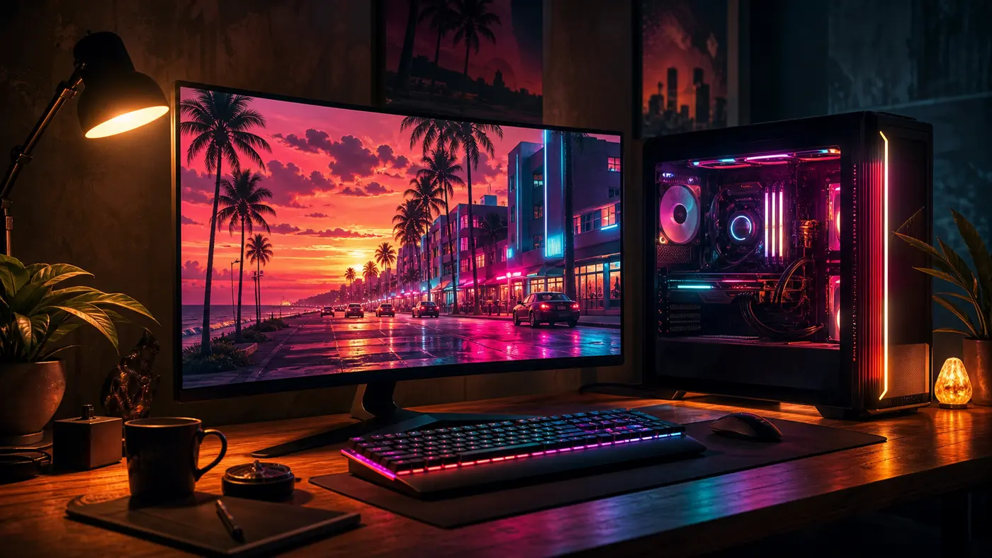 A gaming PC setup with a tower, backlit keyboard, and wide monitor showing a Los Santos street, nighttime roleplay mood