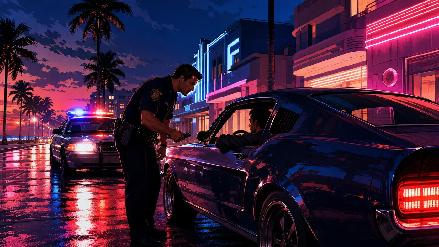 A police officer questions a driver at their car window on a Los Santos avenue at night, a roleplay scene in GTA key-art style