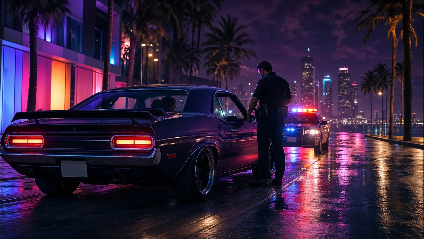 Nighttime GTA RP traffic stop, an officer next to a tuned car, flashing red and blue lights, Los Santos-style city, illustration