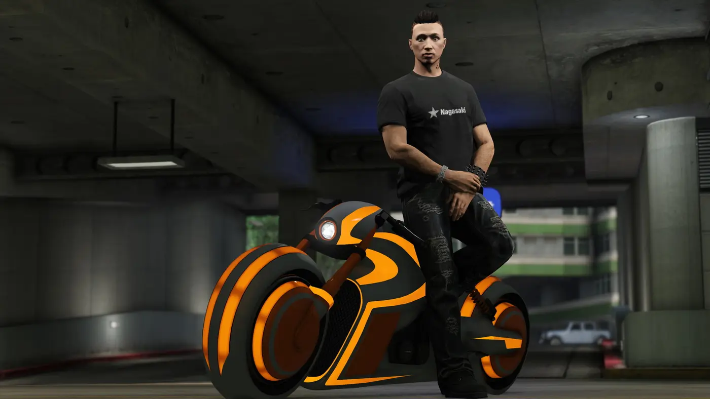 A custom character with swept-up hair and tattoos, wearing a T-shirt and jeans, posing next to a sport bike in an underground parking garage