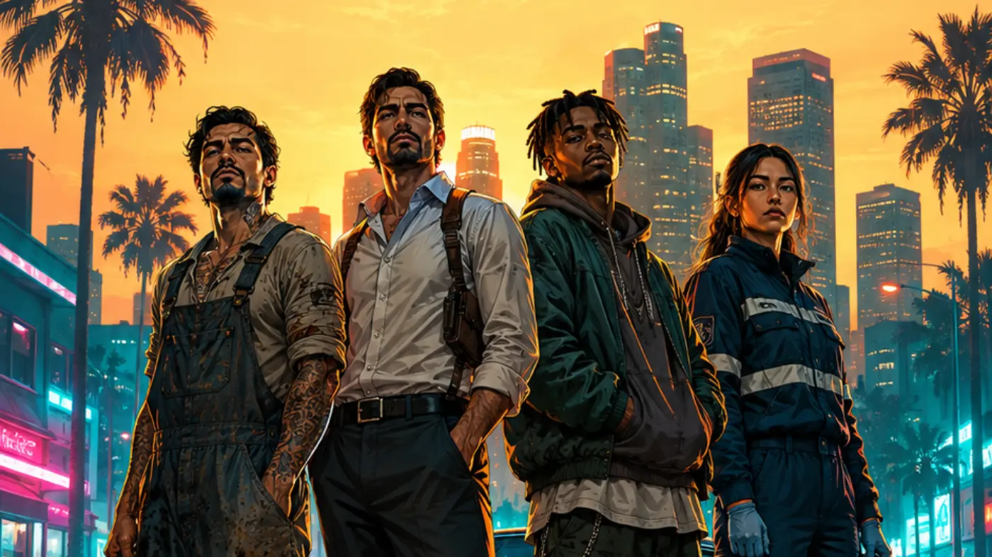 Four roleplay characters with different roles, a mechanic in overalls, an investigator in a dress shirt, a gang member in a hoodie and a paramedic, posing on a neon-lit street in front of a city skyline at sunset, GTA-style illustration