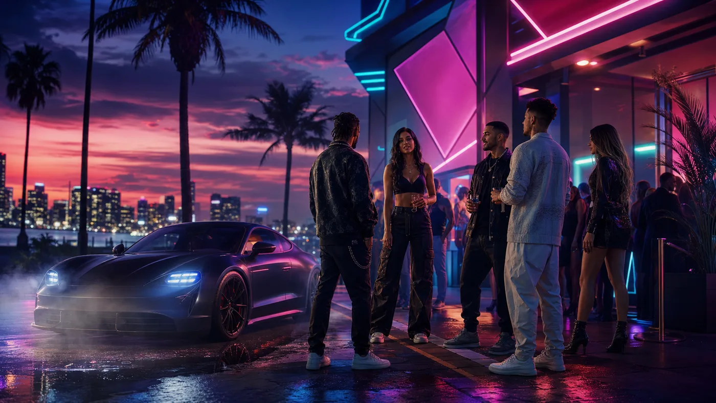 Group of characters chatting outside a neon-lit club at night in Los Santos, social roleplay scene, illustration