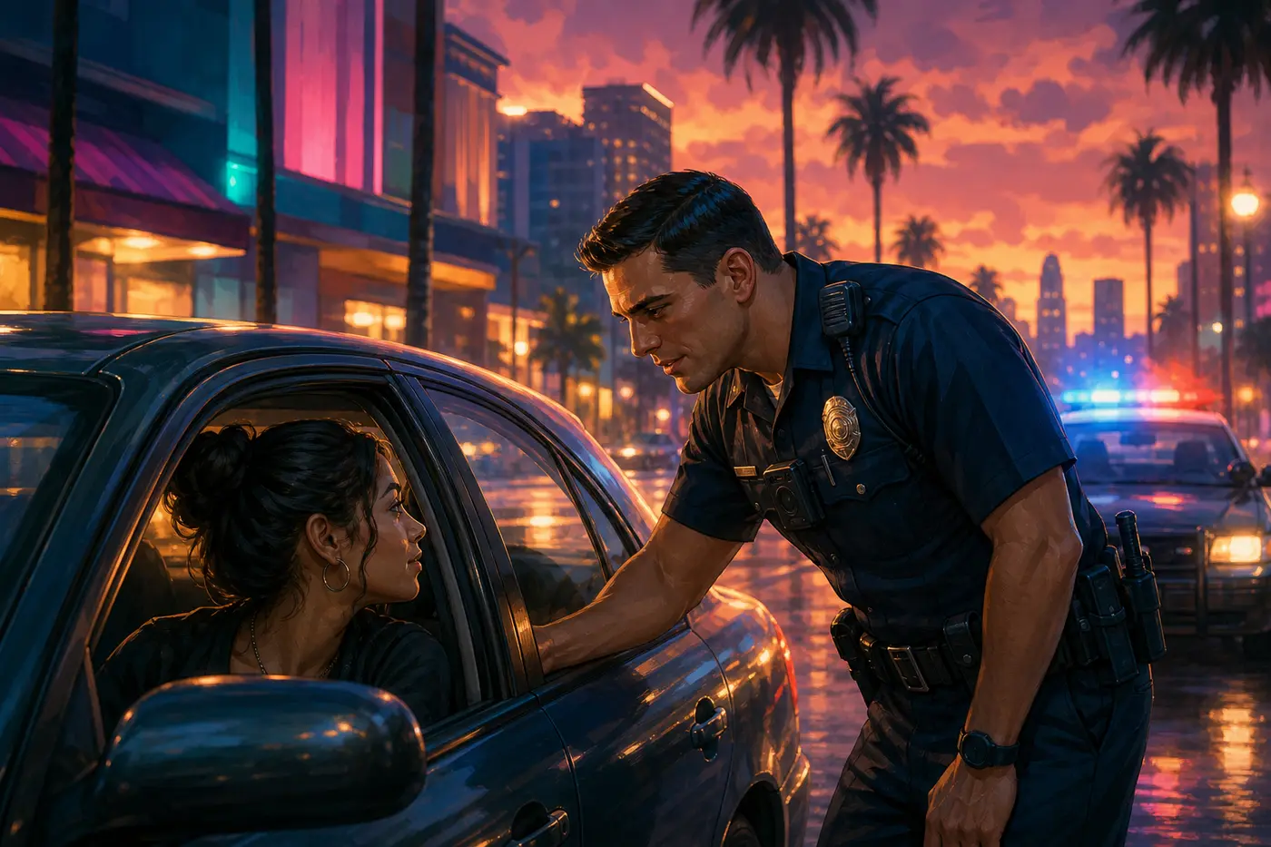 GTA RP roleplay scene: a cop questions a driver at her car window on a Los Santos avenue at dusk