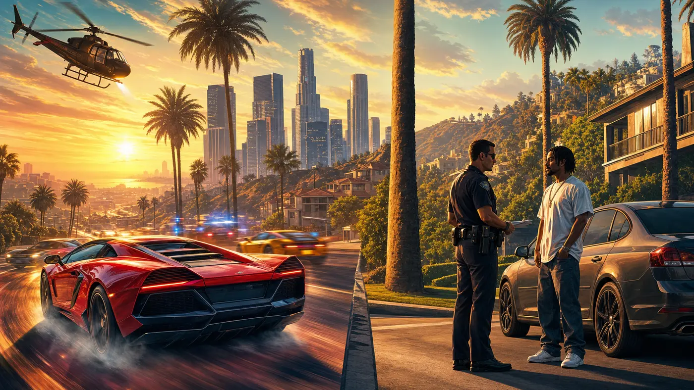 A Los Santos boulevard at sunset split into two moods, city action on one side and a calm roleplay scene on the other, GTA key-art style illustration