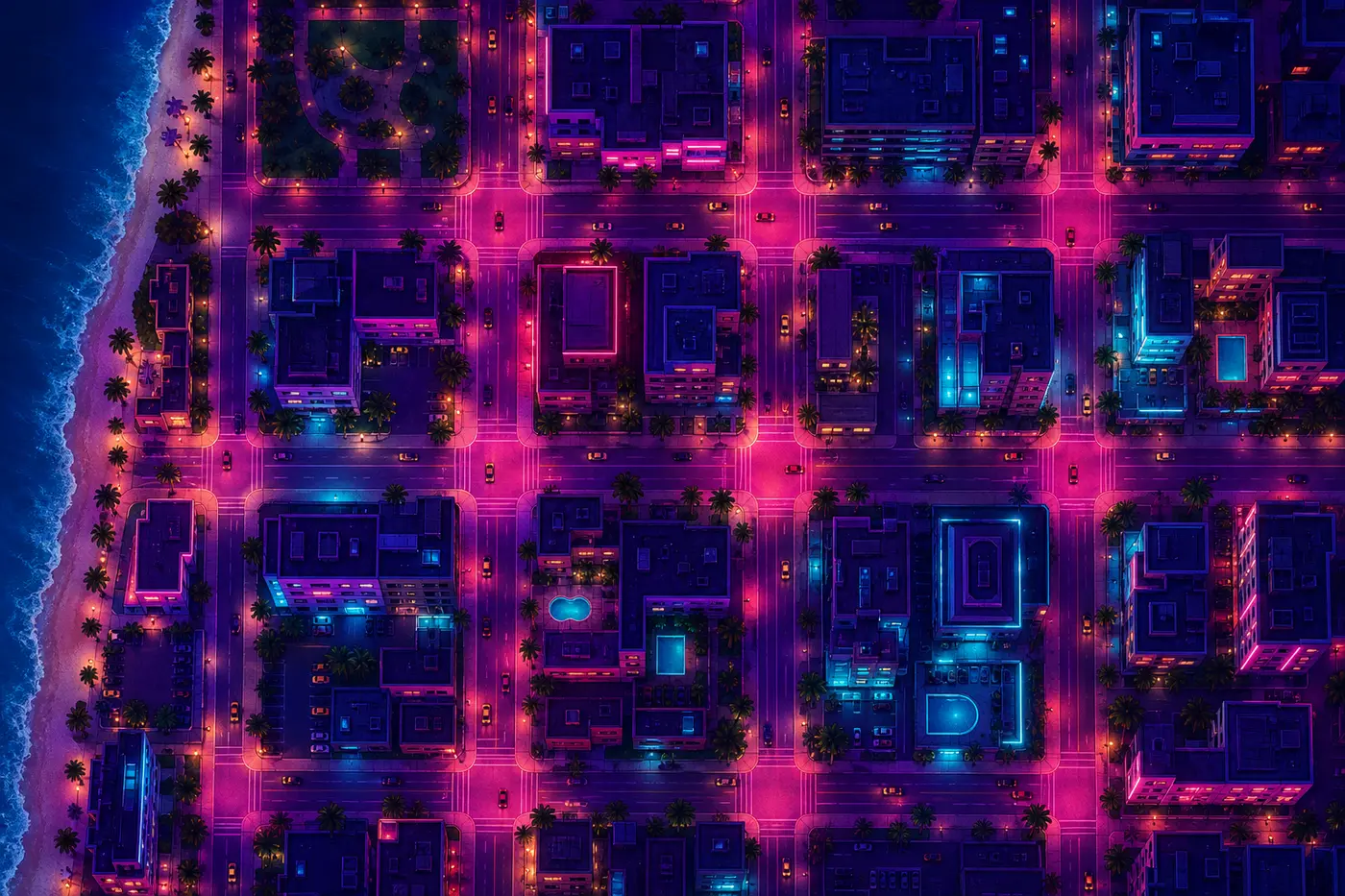 Stylized top-down view of a city grid at night in magenta and cyan neon, tiny cars on the streets and a beach on the left, in the spirit of the early GTA perspective