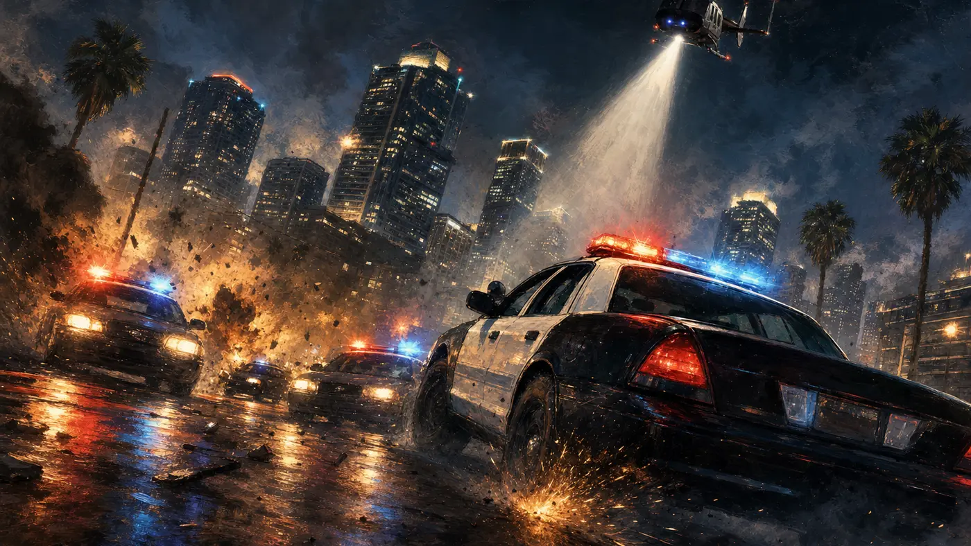 Illustration of a nighttime chase in Los Santos, police cars with lights flashing and a searchlight helicopter above an avenue, smoke and red and blue lights, skyscrapers in the background, edgy illustrated style like a GTA cover