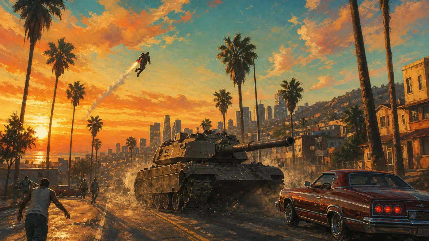 Illustration of a Los Santos street at sunset, San Andreas style, a tank in the middle of the road and a jetpack figure in the orange sky, palm trees and hills, illustrated Rockstar cover style