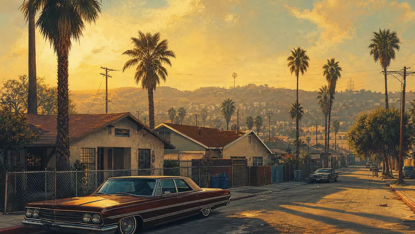 Illustration of a residential street styled after Grove Street in Los Santos in 1992, single-story homes, palm trees, a lowrider parked at the curb, golden late-afternoon light, nostalgic West Coast vibe