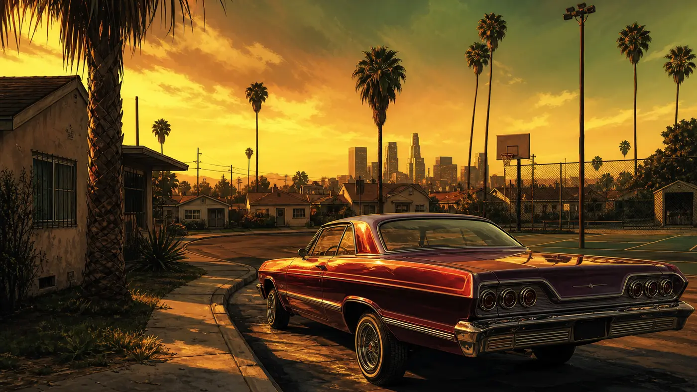Illustration of a residential Los Santos street at dusk in the early '90s style, a lowrider parked in front of single-family homes, palm trees, a basketball court, golden light and a greenish West Coast haze