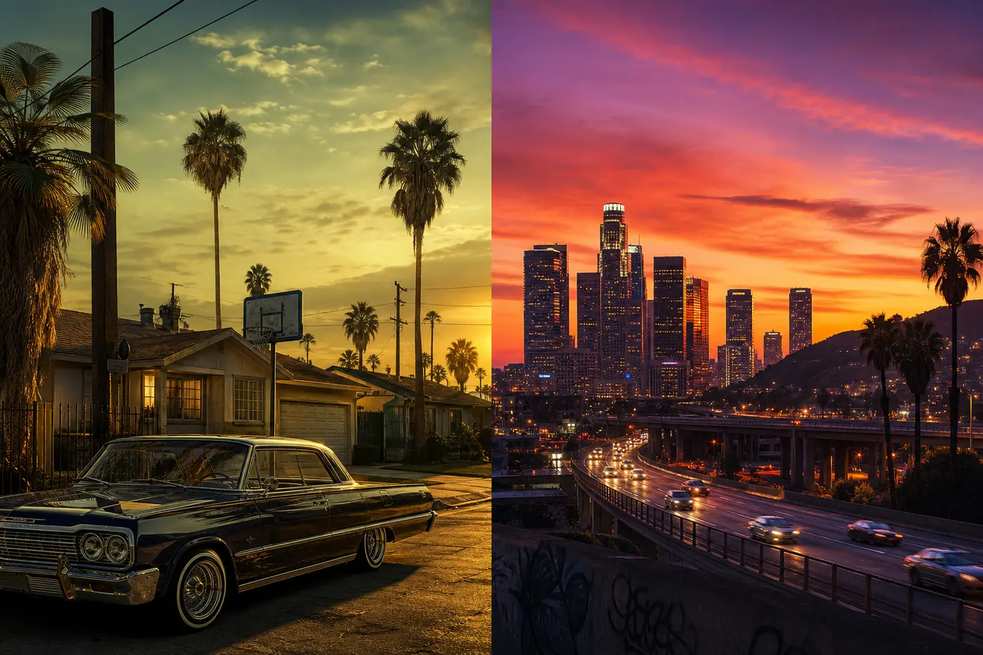 Split illustration: on the left, a Los Santos street at dusk circa 1992, lowrider and palm trees, greenish light; on the right, the modern Los Santos skyline at orange sunset, skyscrapers and freeway