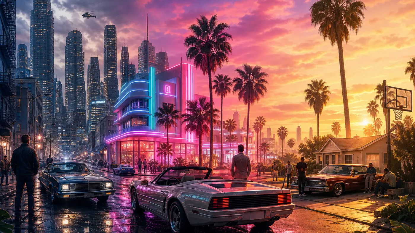 Panoramic illustration blending three moods: a rain-soaked Liberty City street on the left, a neon-lit Vice City boulevard in the center, a sunny San Andreas suburb on the right, sunset, glossy modern render