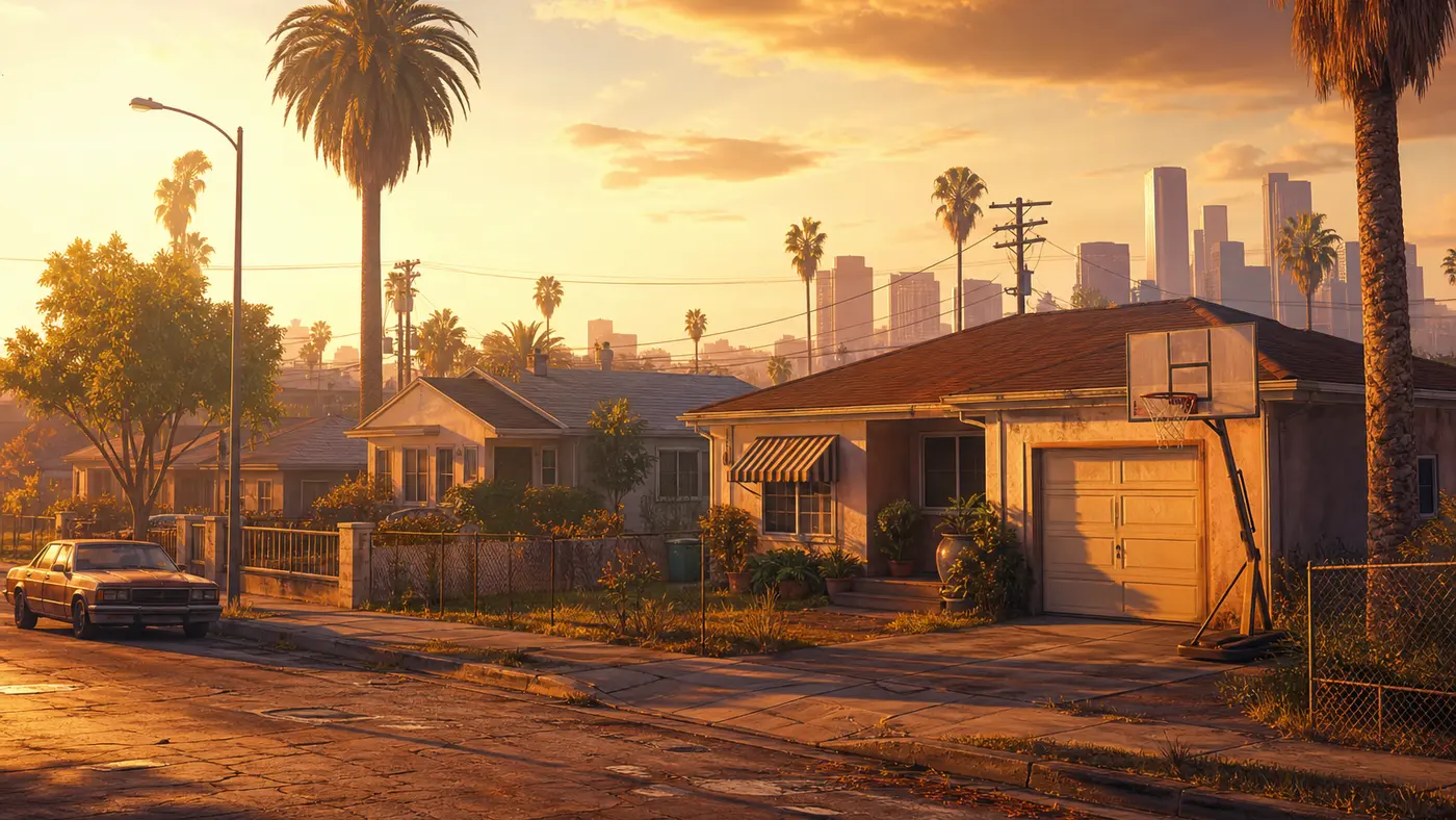 Illustration of a San Andreas-style suburban street at sunrise, single-family homes, palm trees, warm golden atmospheric light, nostalgic West Coast vibe
