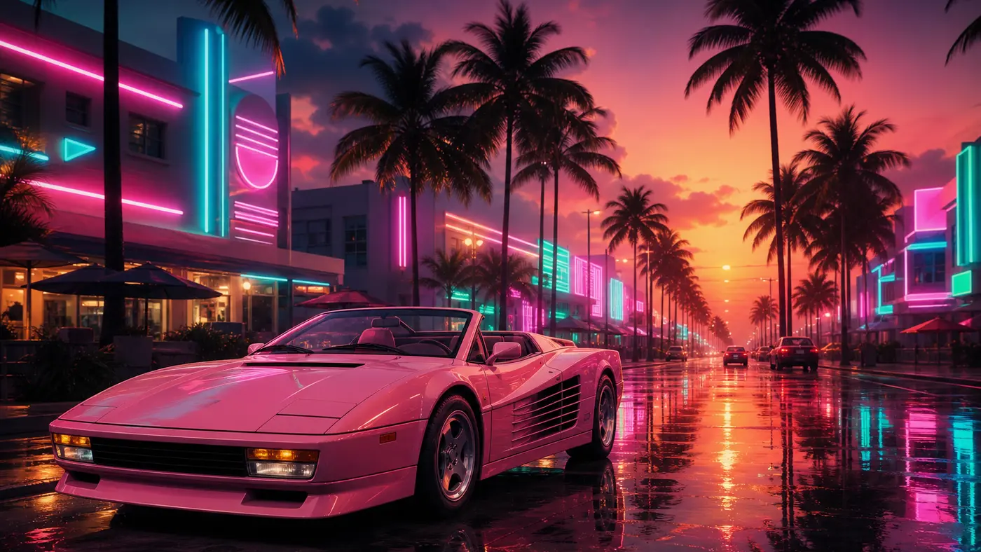 Illustration of a Vice City boulevard at dusk, palm trees, an 80s convertible sports car, pink and turquoise neon signs, glossy modern remaster render