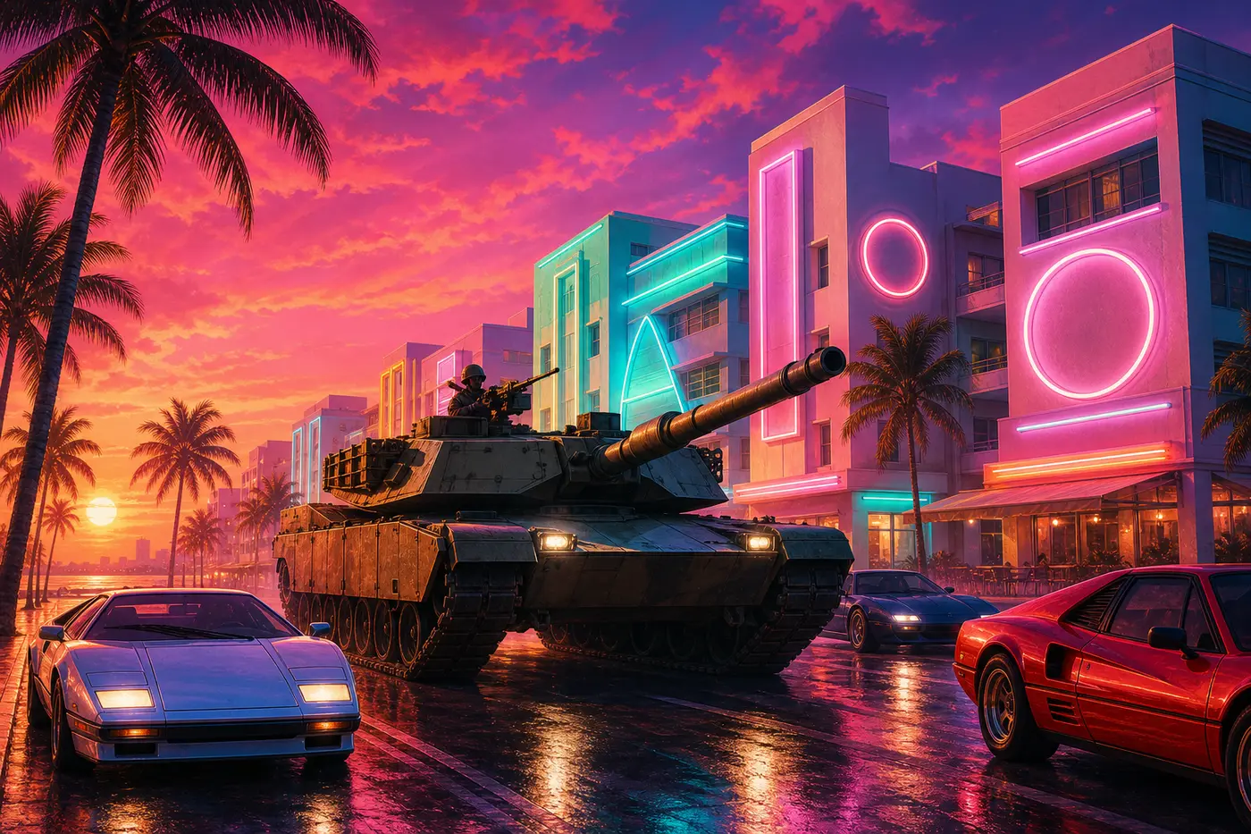 Street in a Miami-inspired Vice City at sunset in 1986, a battle tank parked in the middle of a palm-lined boulevard of art deco hotels, flamingo-pink sky and neon, illustrated in the style of a Rockstar cover