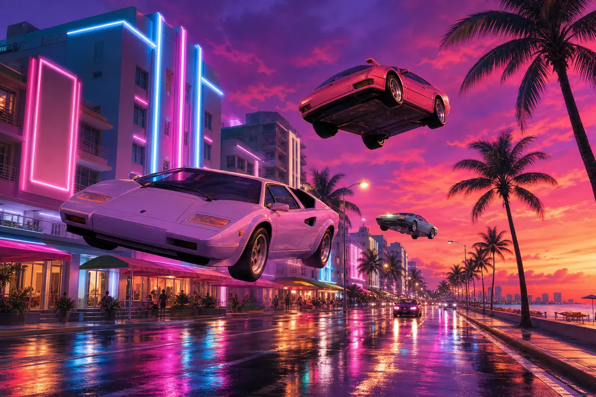 1980s sports cars flying through the air above a neon-lit Vice City boulevard at sunset, palm trees and reflections on wet asphalt, illustration