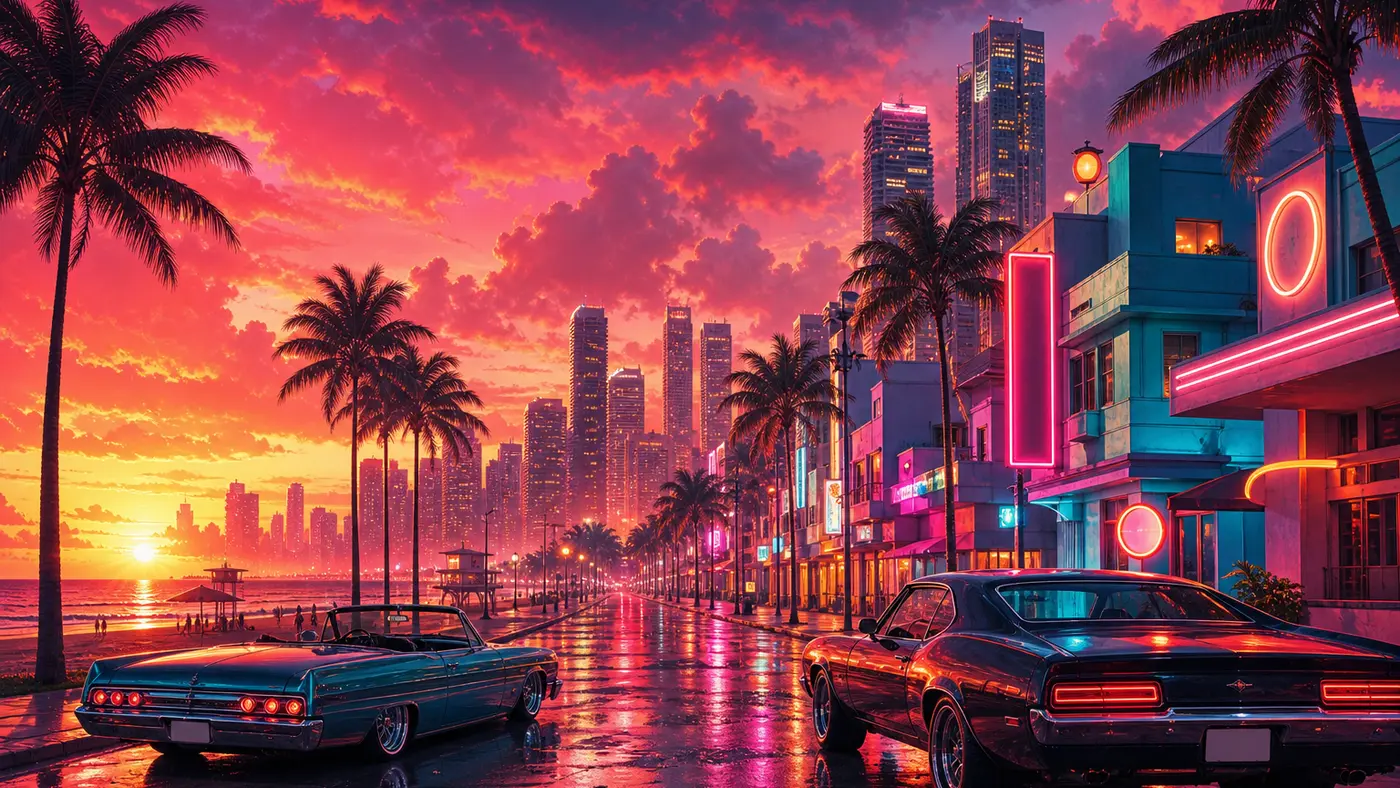 GTA key-art style illustration: a waterfront at sunset, pastel Art Deco buildings and neon signs up front Miami style, the skyscrapers of a big American metropolis hazy in the background, a classic car parked