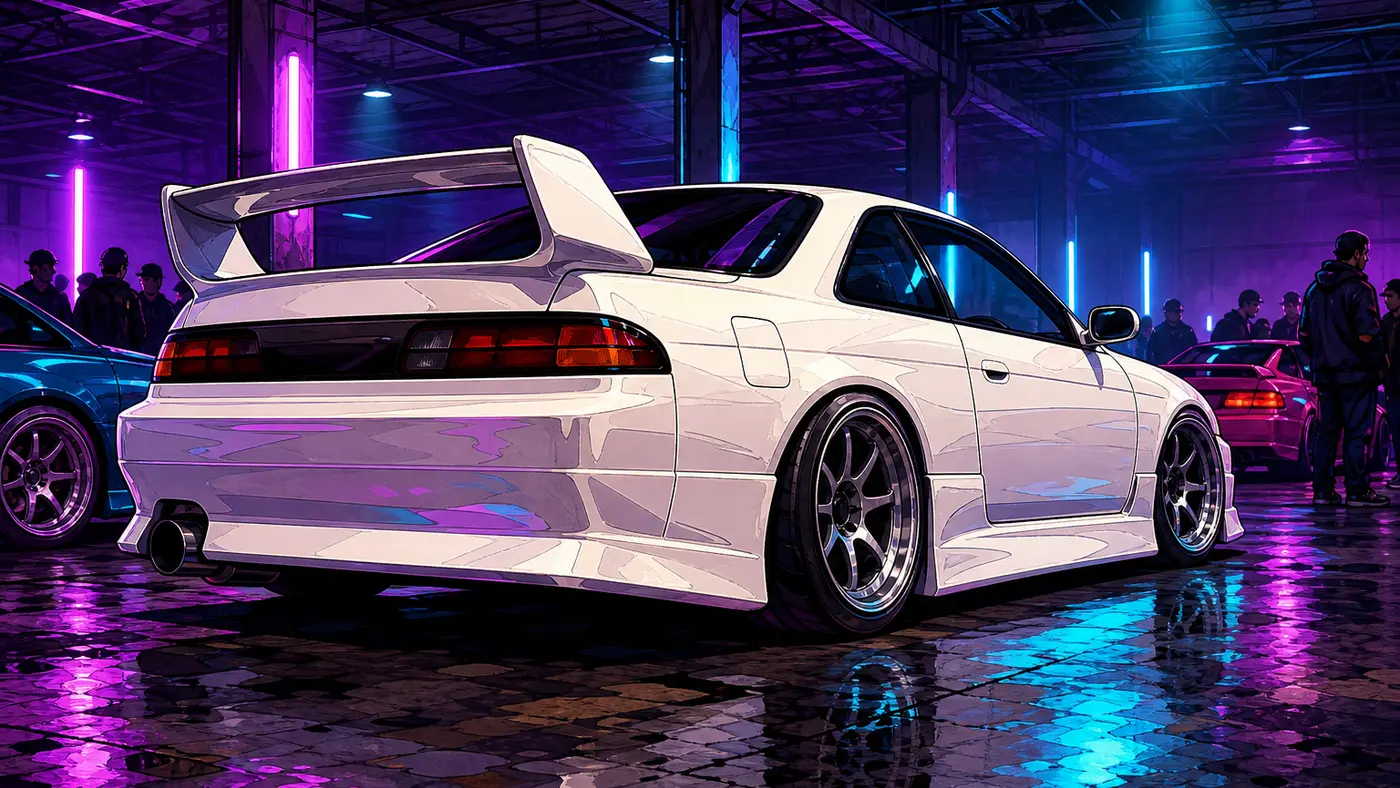 GTA box-art-style illustration of a pearl-white Japanese sports coupe, big rear wing and tuner wheels, Nissan Skyline style, parked at night at a car meet under purple and blue neon, wet ground reflecting the lights, other cars and silhouettes in the background