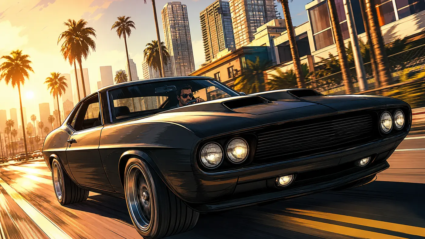 GTA box-art-style illustration of a matte black American muscle car, wide grille and hood air intakes, Dodge Challenger style, speeding down a sunny boulevard lined with palm trees and skyscrapers, golden late-day light