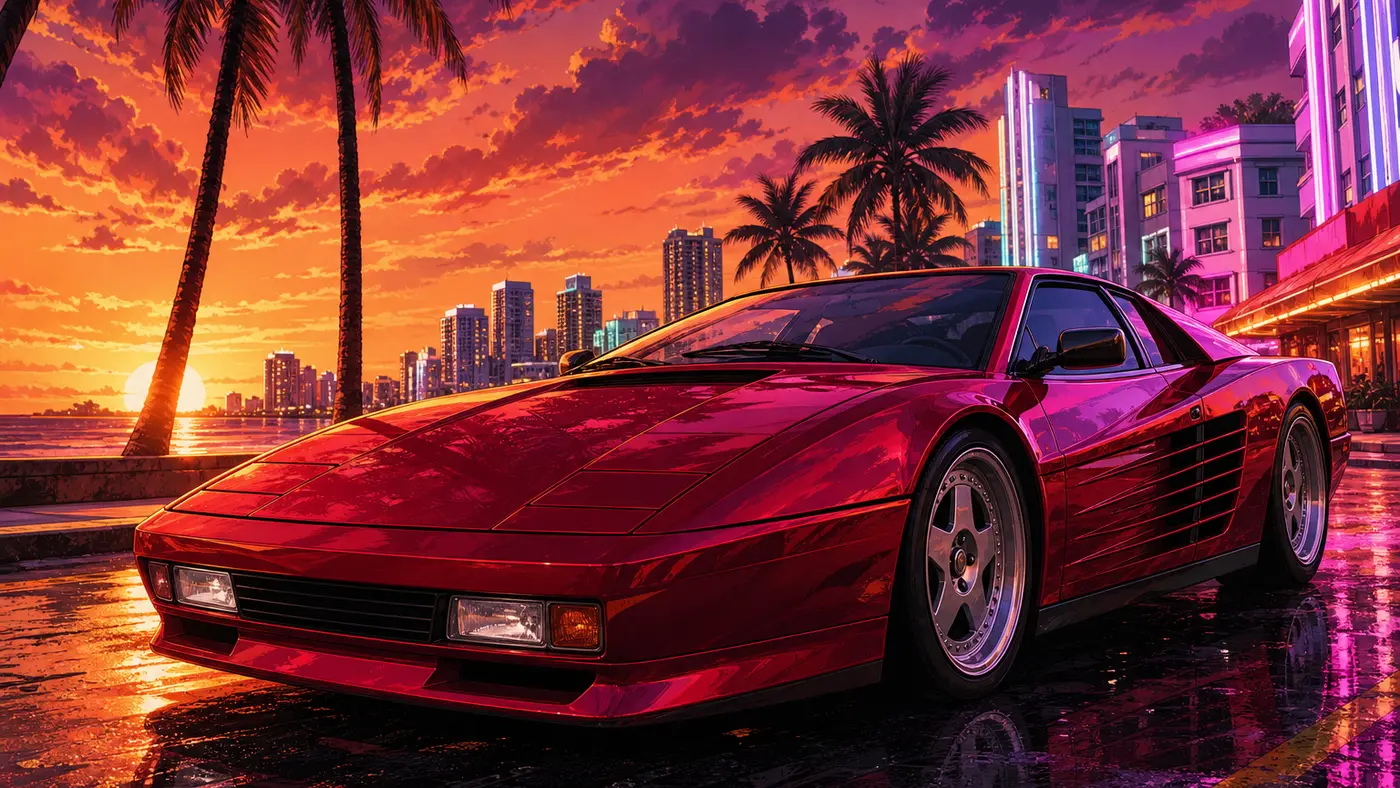 GTA box-art-style illustration: a sleek, wedge-shaped red supercar, Ferrari Testarossa style, parked on a palm-lined coastal boulevard at an orange and magenta sunset, Art Deco buildings and neon signs in the background, wet asphalt reflecting the lights