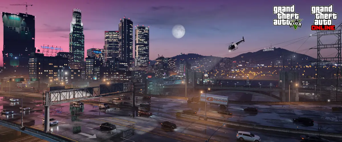 Panoramic night view of Los Santos in GTA V Enhanced: skyscrapers lit up under a full moon, a wet freeway heavy with traffic, a helicopter above the Vinewood hills