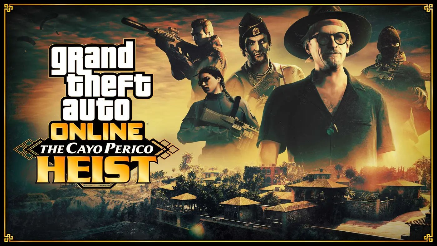 Official Cayo Perico Heist key art: armed characters in front of a tropical compound at sunset