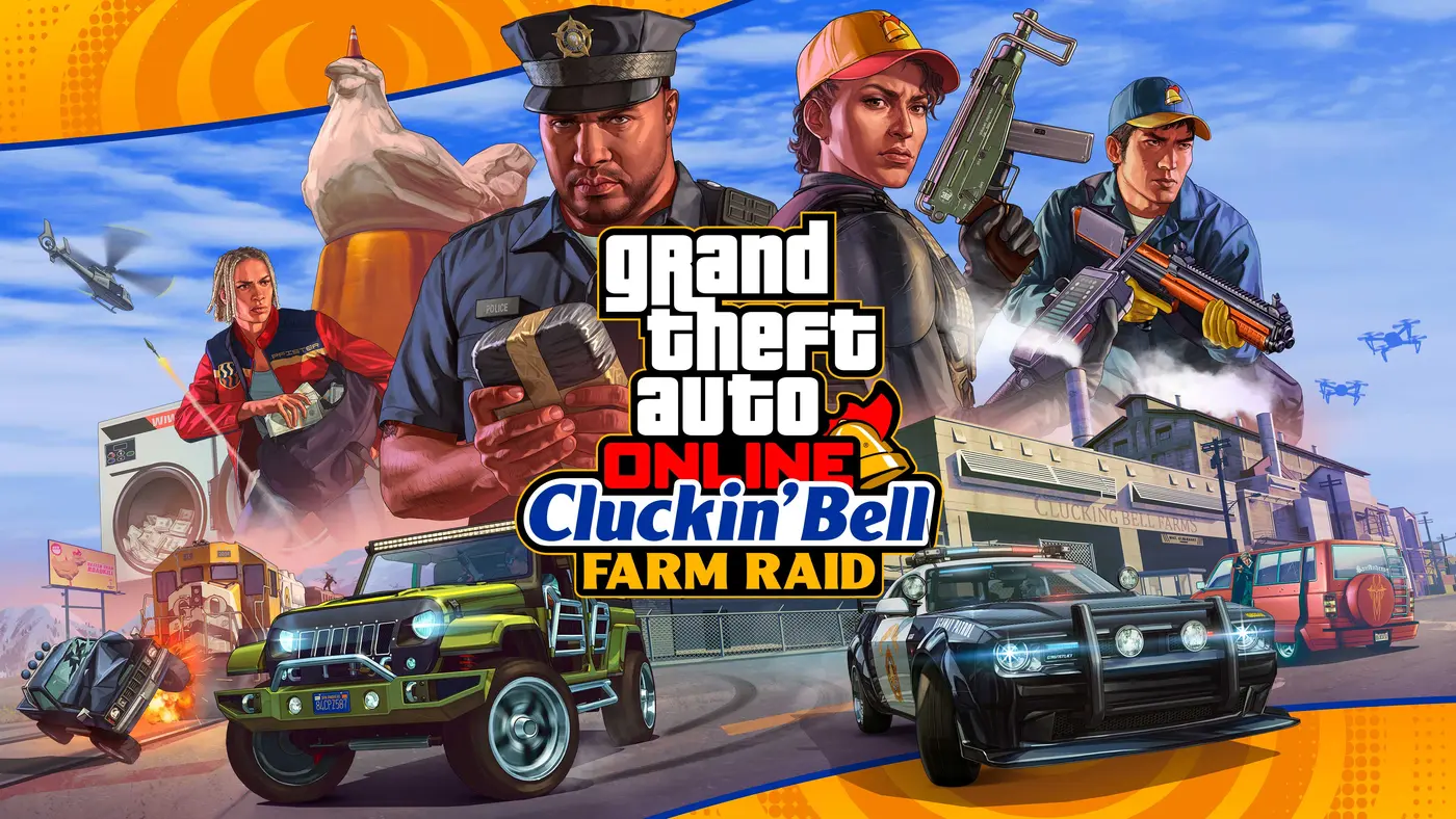 Official Cluckin' Bell Farm Raid key art: a police officer holding a package, armed characters and vehicles in front of a factory