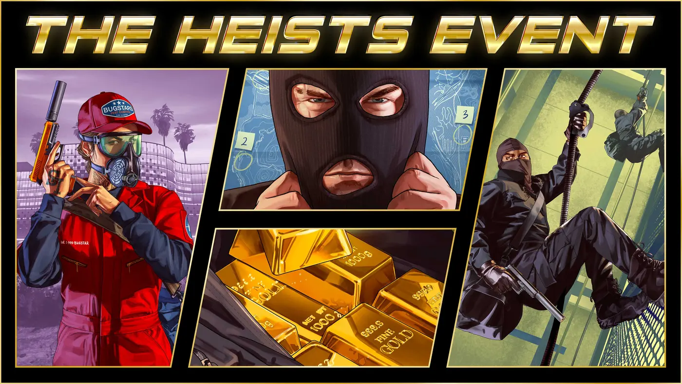 Official GTA Online Heists event key art: a masked robber, gold bars and a player rappelling down a facade