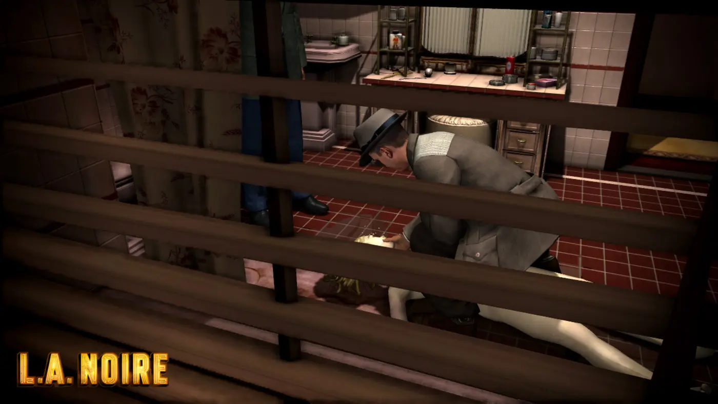Cole Phelps, crouching, examines a victim's body in a red-tiled bathroom, seen through a railing, during a homicide investigation in L.A. Noire.