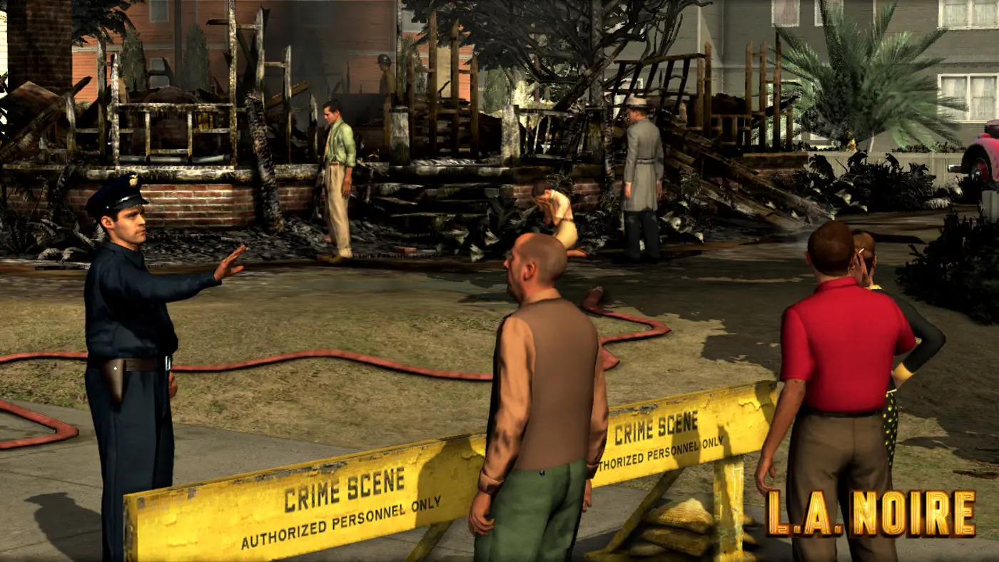 A crime scene in L.A. Noire: a uniformed officer holds back bystanders behind a yellow Crime Scene barrier, in front of a burned-out house, under the 1947 Los Angeles sun.