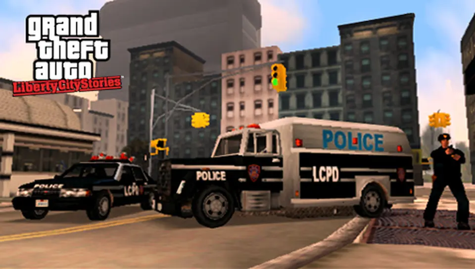 LCPD roadblock on a Liberty City street: black-and-white patrol car, armored van marked Police and a uniformed officer, with brick buildings and traffic lights in the background