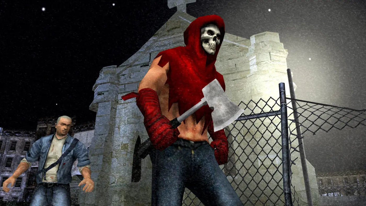 Hunter in a red hood and skull mask brandishing a hatchet in front of a stone chapel topped with a cross, at night, as Cash approaches from the left, in Manhunt