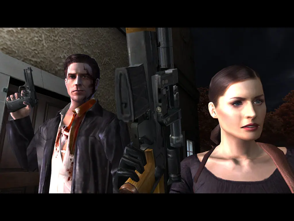 Max Payne 2 screenshot: Max, his face bruised and shirt stained with blood, holds a pistol; in the center, an assault rifle; on the right, Mona Sax, a brunette with slicked-back hair, in a letterboxed cutscene