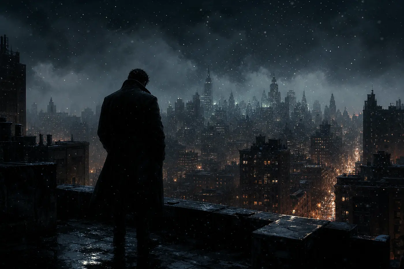 Neo-noir illustration of a lone figure in a trench coat on a rooftop overlooking an American metropolis at night in the snow, distant skyscrapers and neon lost in the haze, a cold midnight-blue and orange palette, a melancholy crime-noir mood