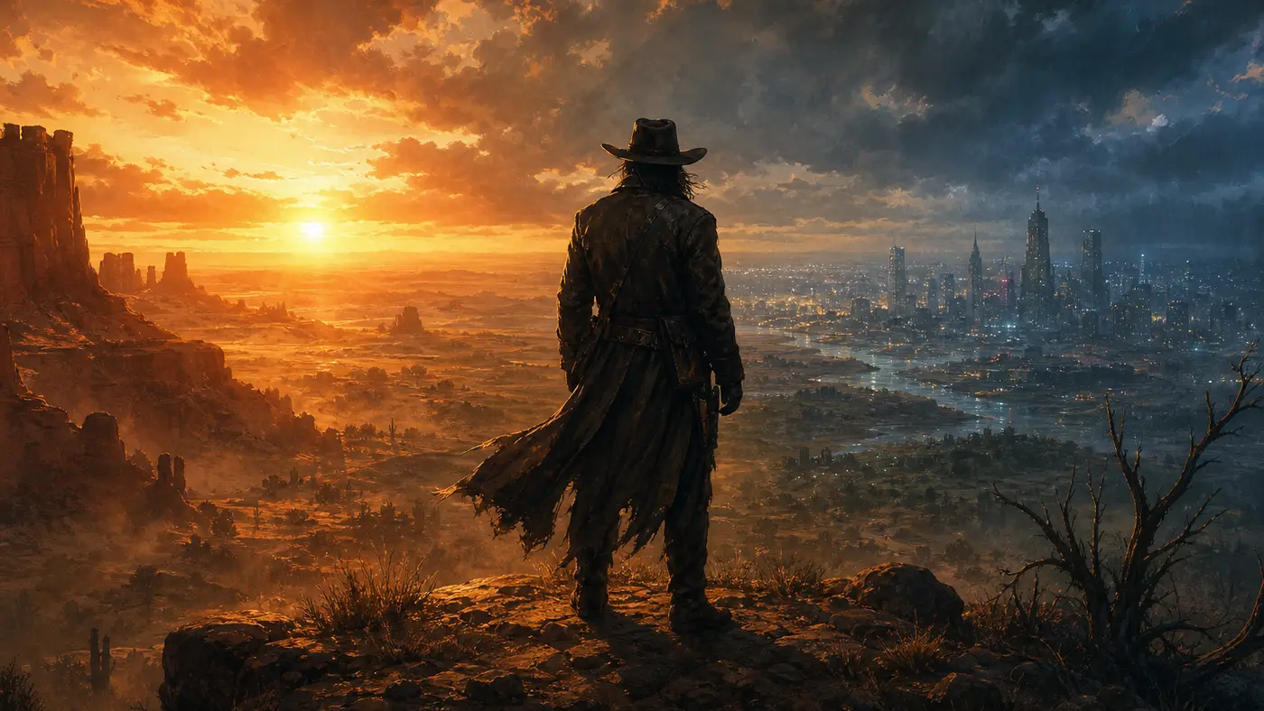 Cinematic Rockstar-poster-style illustration: a lone outlaw in a long coat and hat, seen from behind on a desert ridge at sunset, looking out over a western canyon that fades in the distance toward an urban skyline, amber and blue light