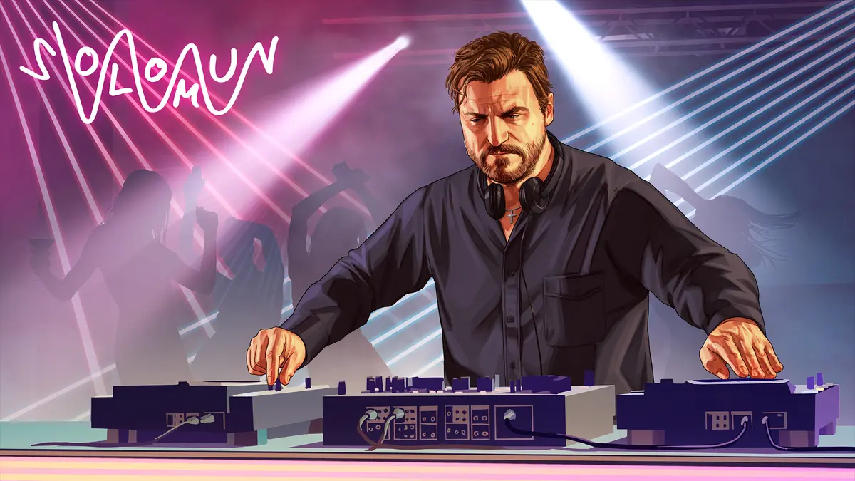 Official illustration of DJ Solomun at the decks in a GTA Online nightclub, light beams and dancers in the background, with his signature in the top left