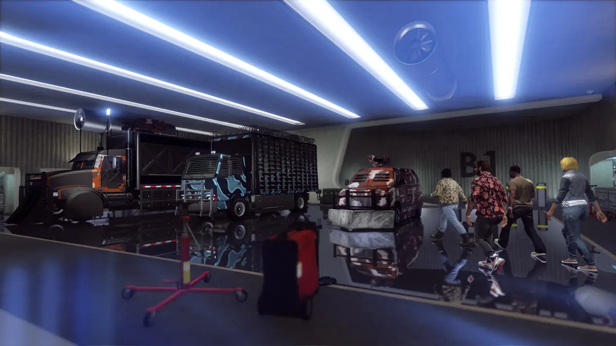 The B1 underground garage of a GTA Online nightclub, with a semi truck, a camouflaged Pounder Custom and an armored van, four characters walking toward the exit across the glossy floor
