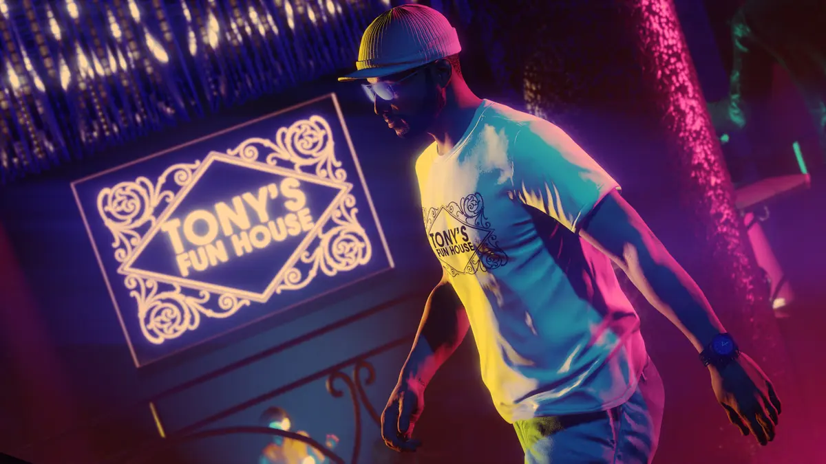 A GTA Online player dancing on a nightclub dance floor bathed in pink and blue neon, in front of a glowing Tony's Fun House sign