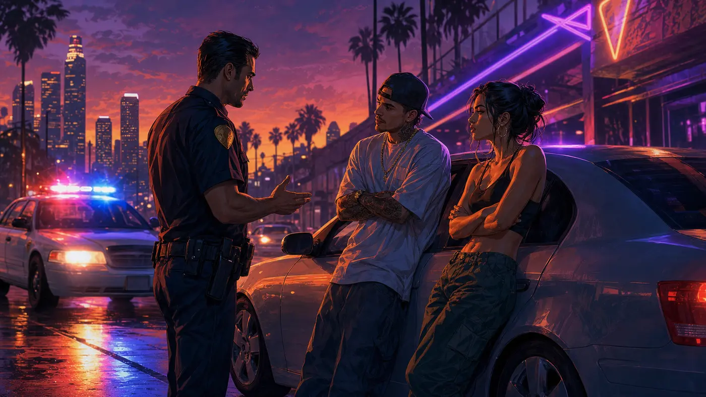 GTA-style night scene: a uniformed officer talking to two civilians near a car under neon lights, blurred red and blue flashers, wet asphalt, palm trees and a twilight sky