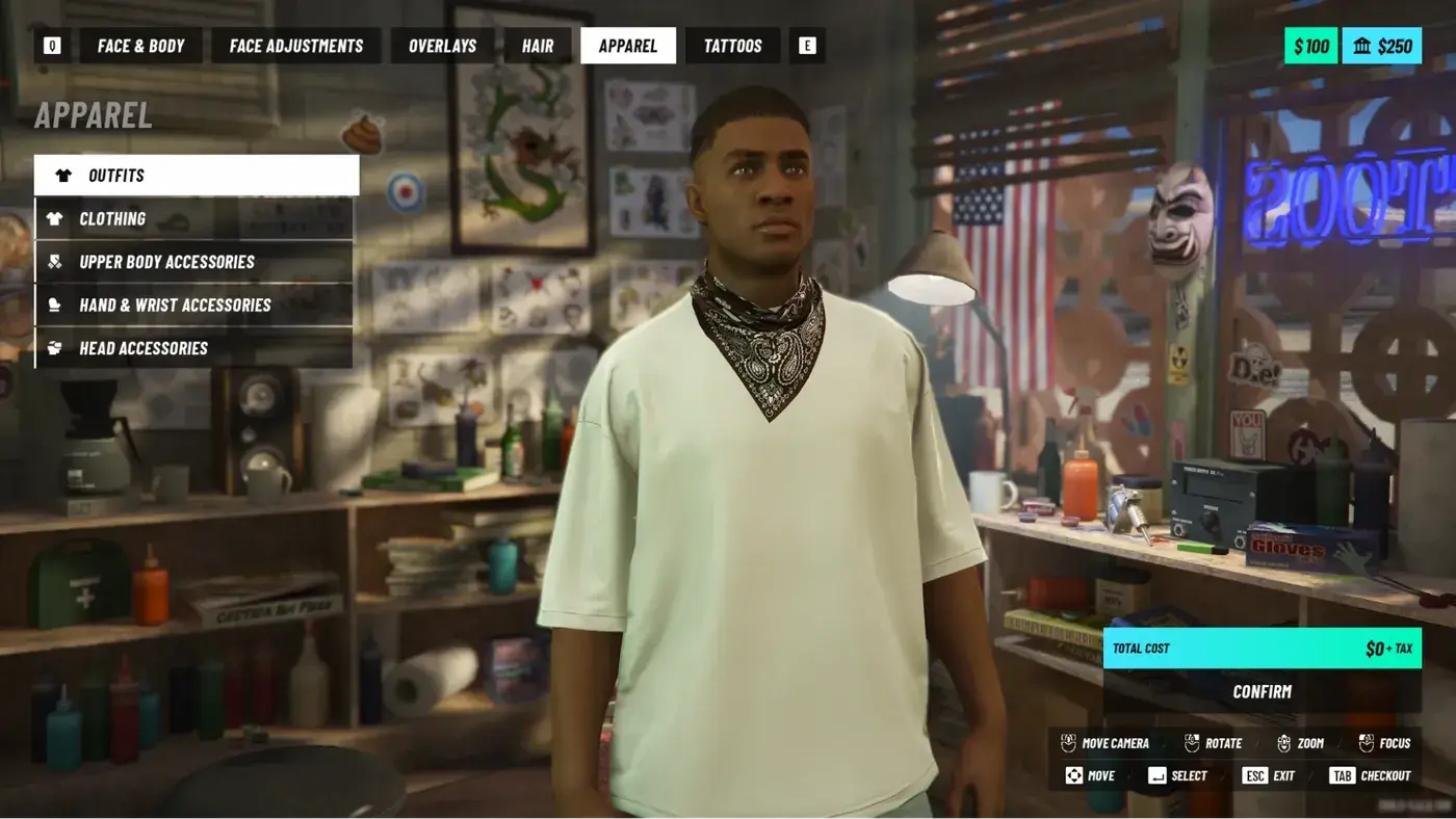 The NoPixel V character creator: a man in an oversized white T-shirt and black bandana inside a tattoo parlor, Face and Body, Overlays, Hair, Apparel and Tattoos tabs at the top, a clothing list on the left, a Confirm button at the bottom right