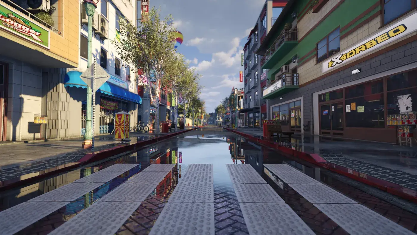 A rain-soaked shopping street in the new Cypress Flats in NoPixel V: colorful storefronts with balconies, signs, wet pavement reflecting the sky, a crosswalk in the foreground, a hot-air balloon in the sky